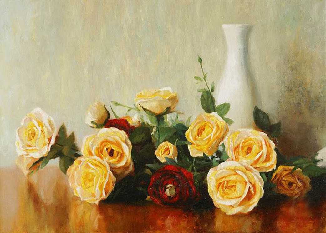 Лучшие картины с розами: 108 рисунков с красными, белыми, желтыми букетами маслом в вазе, с девушкой, на столе